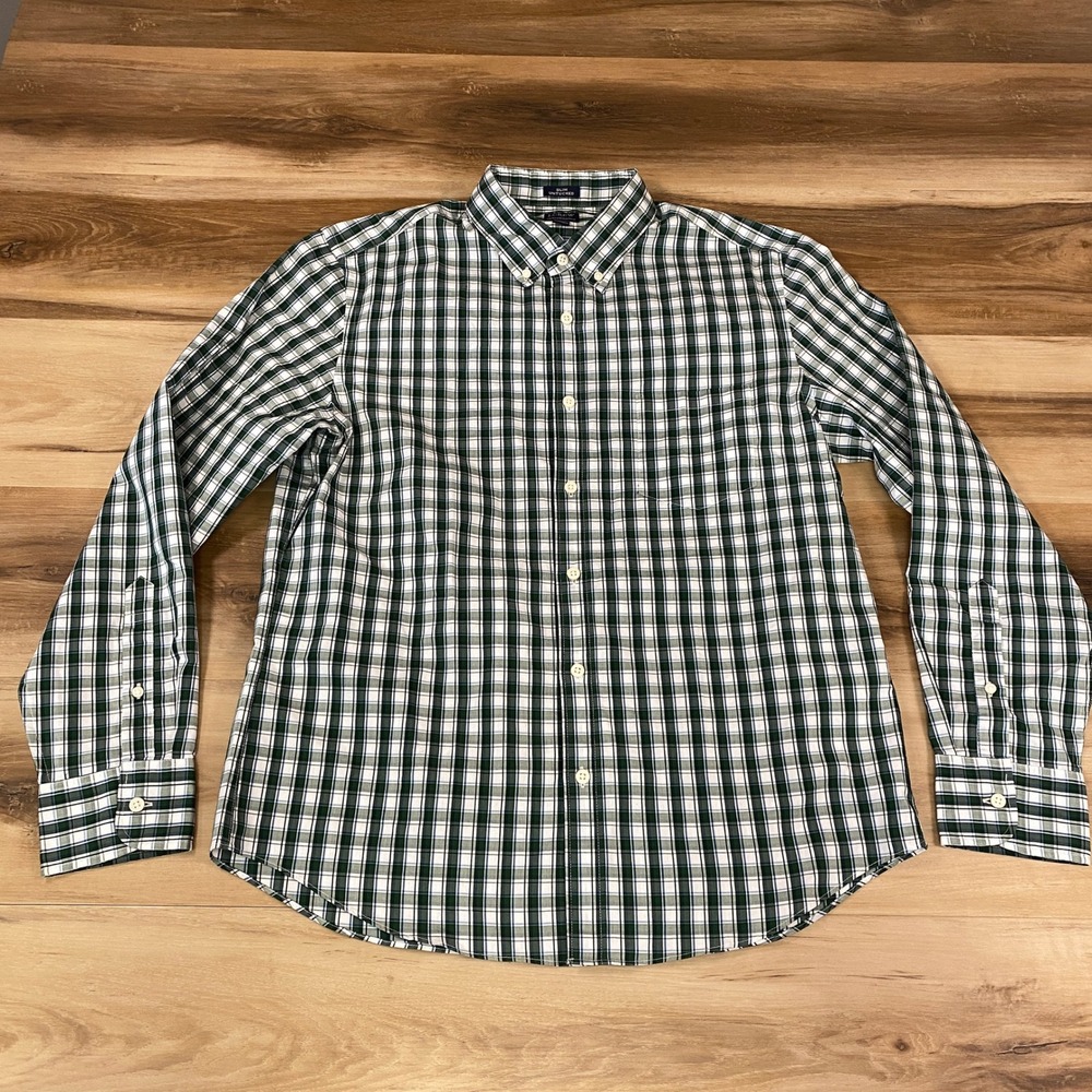 J.Crew Performance Slim Untucked Shirt Mens Large Green White Plaid Button Down